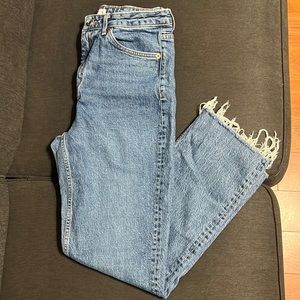 Topshop Straight Leg Blue Denim with Raw Hem (High-Rise)